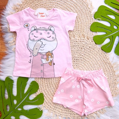Pijama Blusa Hora da Capisoneca e Short Florzinhas - Rosa